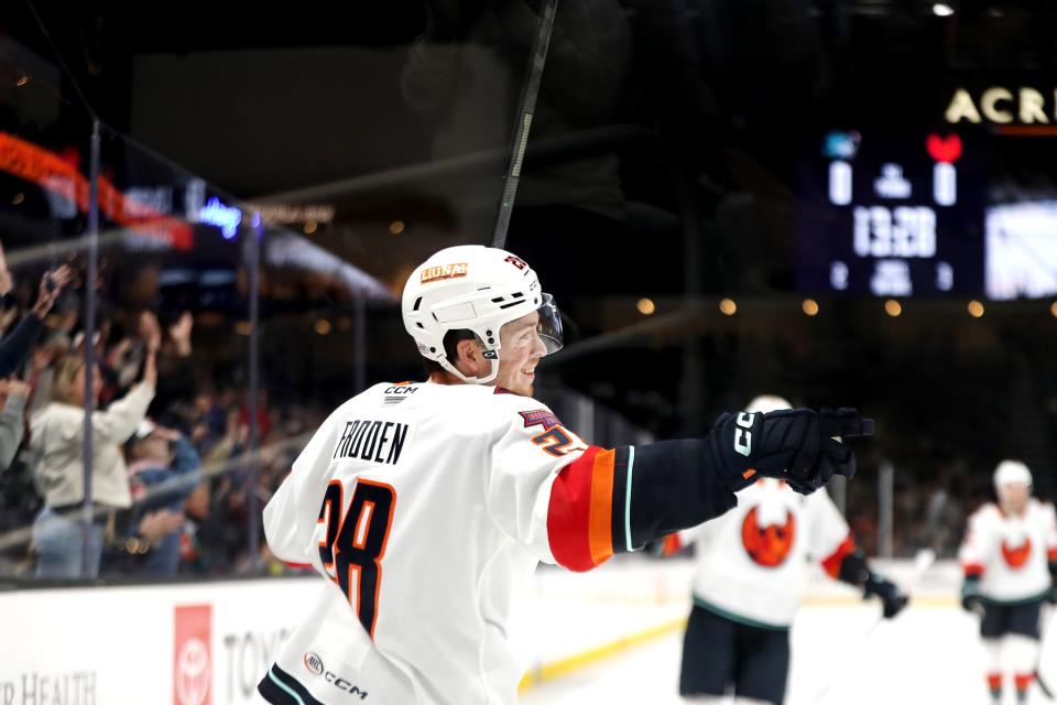 Coachella Valley Firebirds right wing Jesper Froden celebrates a goal against the San Jose Barracuda during first period at Acrisure Arena in Palm Desert, Calif., on Tuesday, Jan. 10, 2023.
