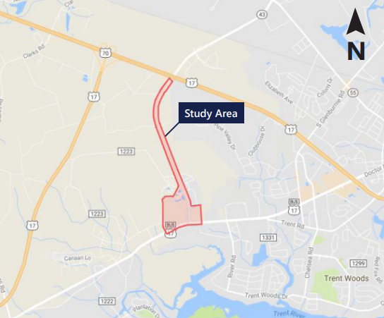 The NC 43 connector (in red) will extend from U.S. 17 Business (Dr. Martin Luther King Jr. Boulevard) to South of U.S. 70/U.S. 17.