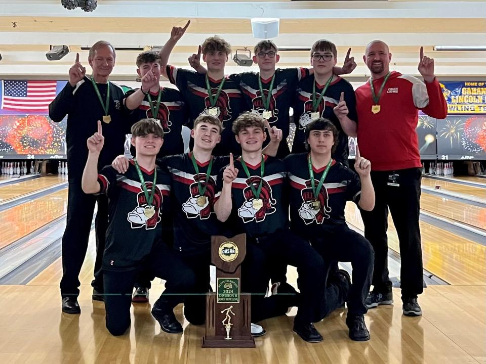 Pleasant won the Division II boys bowling state title Friday at HP Lanes in Columbus. Members are, kneeling from left, Jayden Miller, Nolan Ludwig, Christian Miller, Carter Colby, standing, Don Bentley, Dawson Hall, Johnathan Maran, Tucker Ludwig, Bryan Brandt and Bill Ludwig.