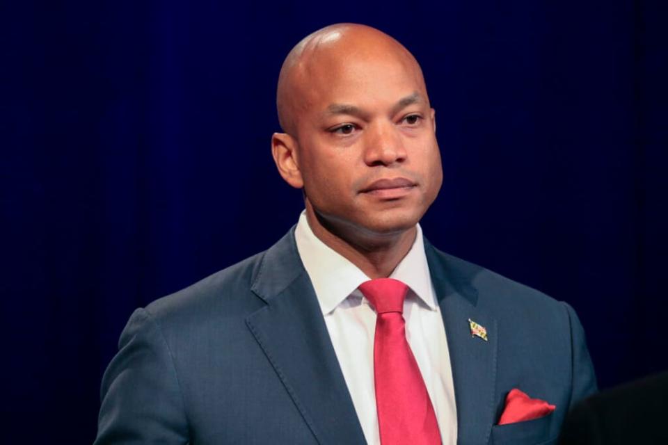 Wes Moore, a best-selling author and former CEO of the Robin Hood Foundation, stands at a podium just before a debate at Maryland Public Television’s studio in Owings Mills, Md., June 6, 2022. One of the best opportunities for Democrats to regain a governor’s office this year is in Maryland, and the race to succeed term-limited Republican Larry Hogan has drawn a crowd of candidates. (AP Photo/Brian Witte)