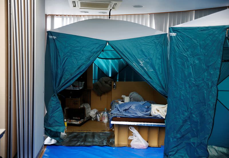 Earthquake survivor Yoshimi Tomita’s tent is pictured at a pet-friendly evacuation centre in Suzu