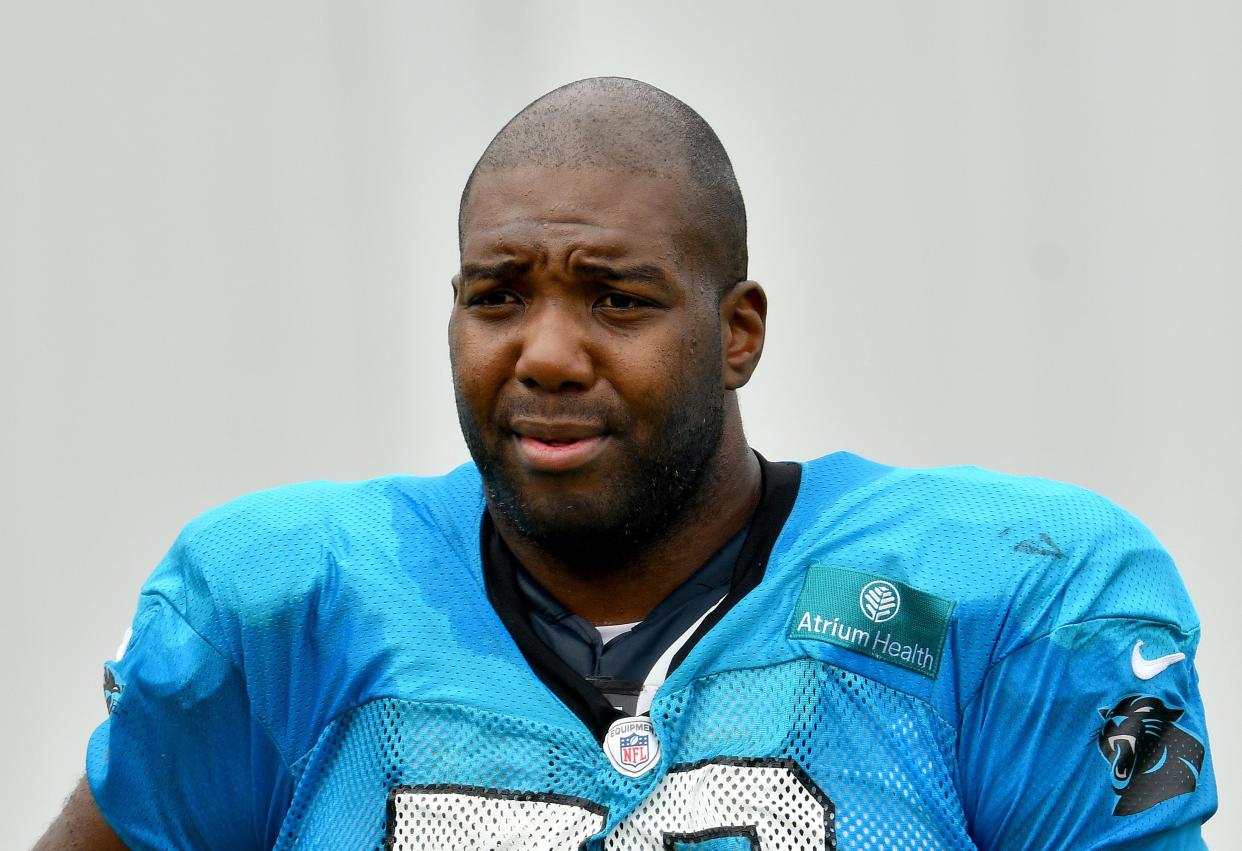 <p>Russell Okung #76 of the Carolina Panthers waits between drills during a training camp session at Bank of America Stadium on 24 August 2020 in Charlotte, North Carolina</p> ((Getty Images))