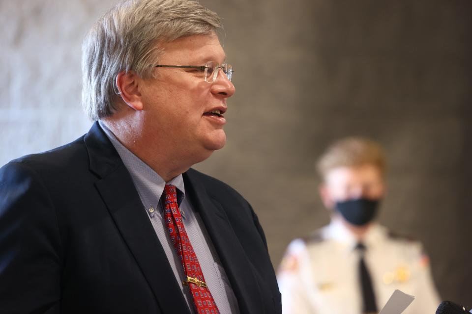 Mayor Jim Strickland speaks during the Memphis Fire opening of their new headquarters on Monday, Jan. 31, 2022. 