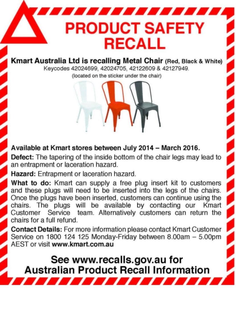 kmart metal chair recall