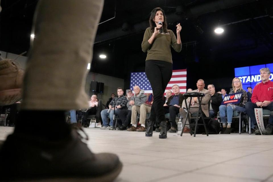 Republican presidential candidate, former ambassador to the United Nations Nikki Haley addresses guests during a campaign stop Monday, March 27, 2023, in Dover, N.H.