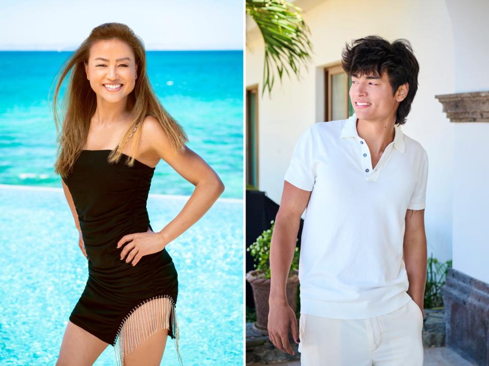 left: soyoung on milf manor, smiling widely and wearing a black dress that exposes part of her thigh; right: her son jimmy, a young man smiling and looking to the side while wearing a white polo