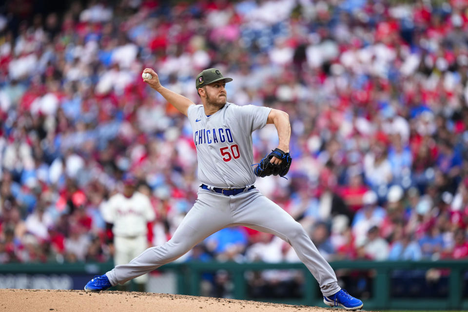 Chicago Cubs' Jameson Taillon pitches during the second inning of a baseball game against the Philadelphia Phillies, Saturday, May 20, 2023, in Philadelphia. (AP Photo/Matt Rourke)