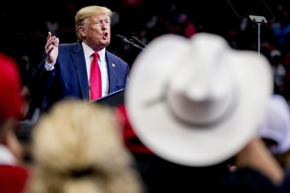 FILE - In this Oct. 17, 2019, file photo President Donald Trump speaks at a campaign rally at American Airlines Arena in Dallas, Texas. Early polling in the general election face-off between Trump and former Vice President Joe Biden bears out a gap between the two contenders when it comes to who Americans see as more compassionate to their concerns. (AP Photo/Andrew Harnik, File)