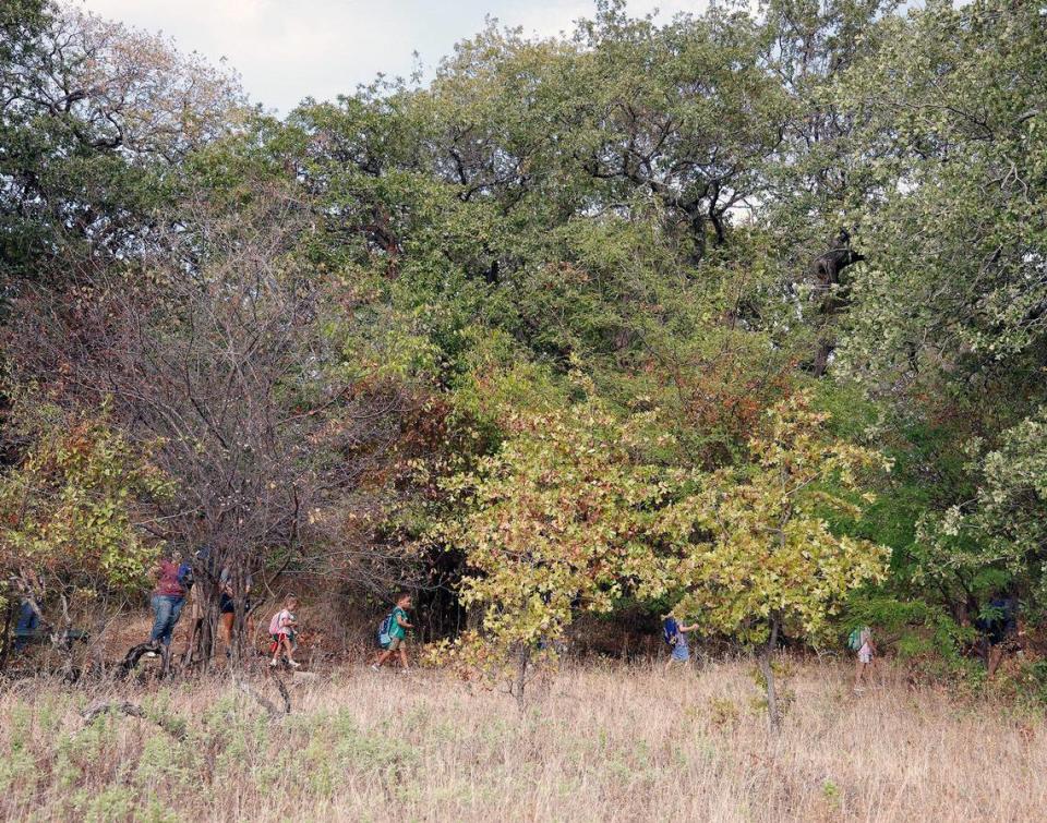 Ten children hiked through the forest at Bob Jones Nature Center and Preserve as part of Cross Timbers Forrest Preschool in Southlake on Friday, Sept. 22, 2023.