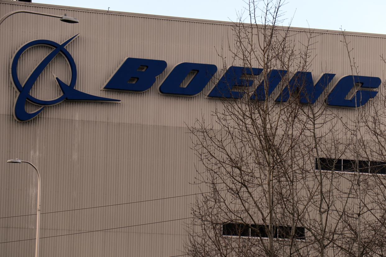 The Boeing logo on the outside of a building.