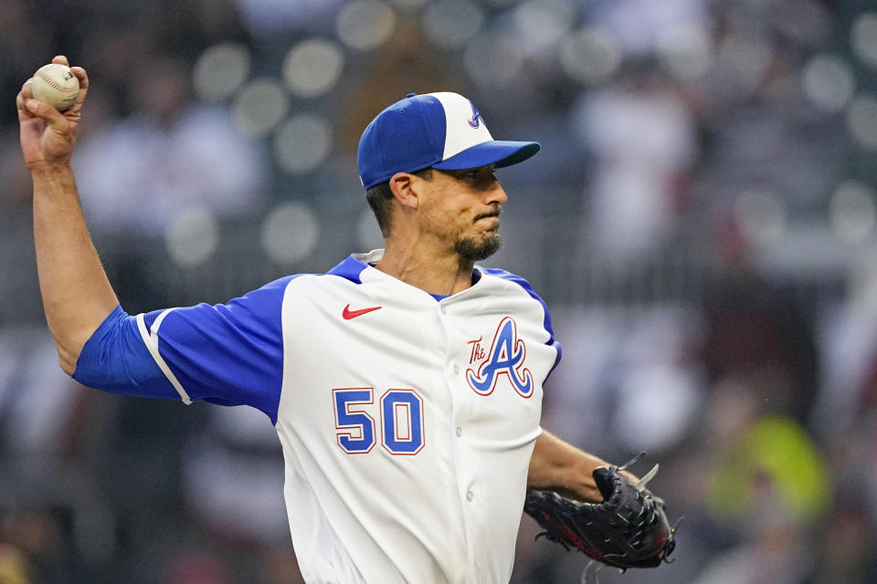 Atlanta Braves starting pitcher Charlie Morton works against a San Diego Padres batter during the first inning of a baseball game Saturday, April 8, 2023, in Atlanta. (AP Photo/John Bazemore)