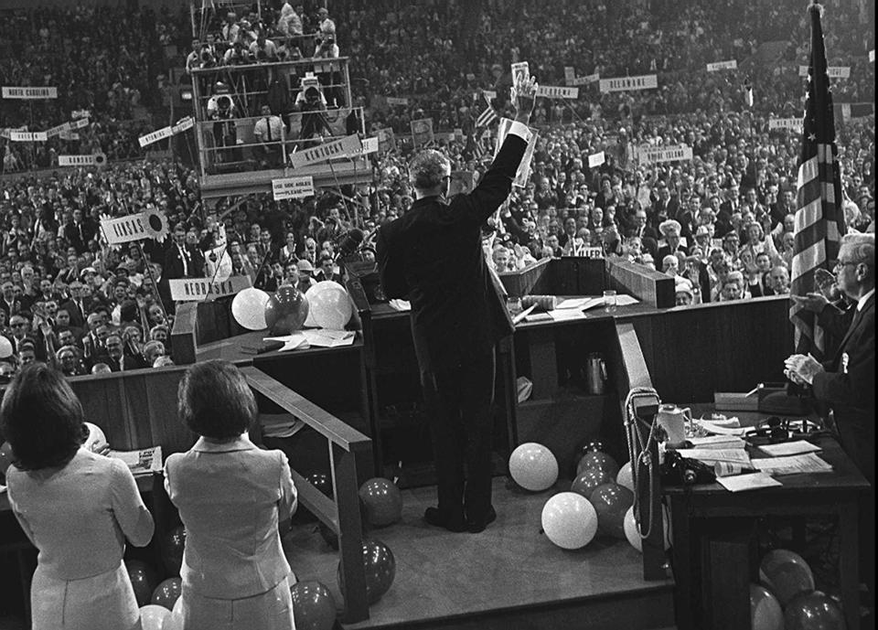 The nomination of Sen. Barry Goldwater, seen here waving to delegates at the 1964 GOP convention, presaged the conservative movement's takeover of the party. (Photo: ASSOCIATED PRESS)