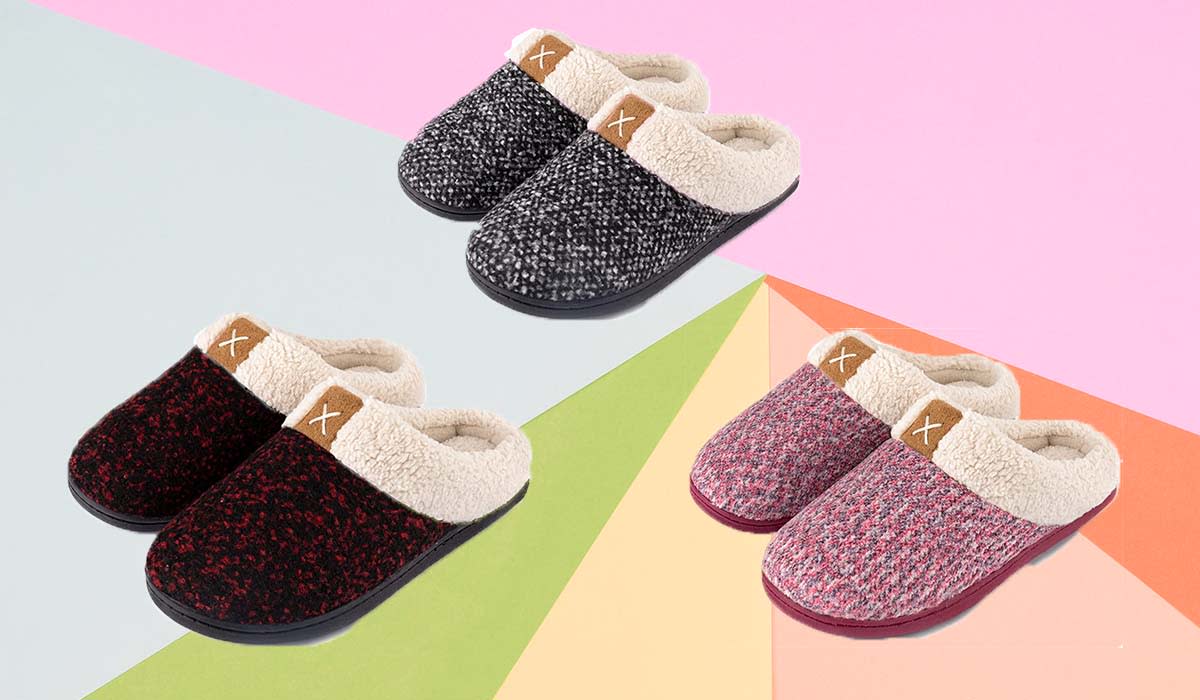 Three colors of slippers shown: red tweed, black tweed, and pink tweed. All with sherpa lining.