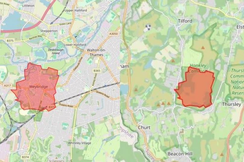 The map shows how the Glastonbury site would engulf Weybridge or much of Hankley Common -Credit:OpenStreetMap / Geoffrey Prytherch