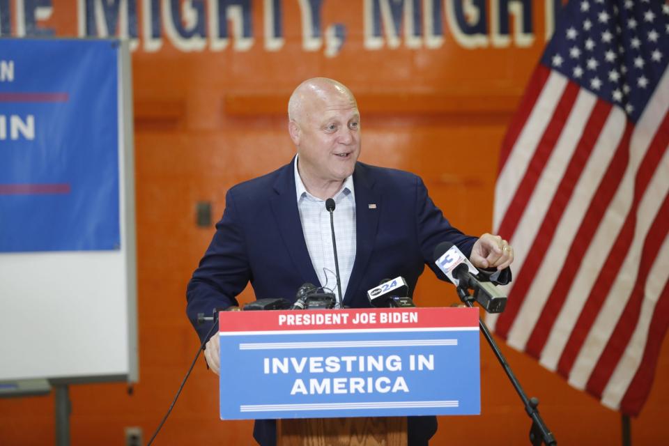 Senior Advisor to the President of the United States Mitch Landrieu visits Riverview K8 School on June 29, 2023 to announce a grant that will go to the school to overdue repairs to the school in Memphis, Tenn.