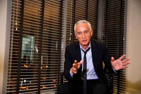 Jorge Ramos, anchor of Spanish-language U.S. television network Univision, talks to the media, after he and his team were released, in Caracas, Venezuela February 25, 2019. REUTERS/Carlos Garcia Rawlins
