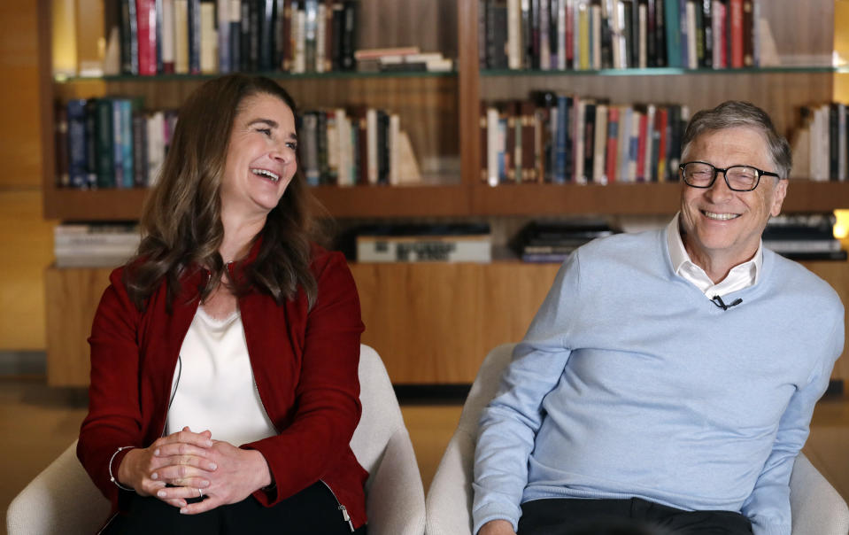 In this photo taken Feb. 1, 2019, Bill and Melinda Gates are interviewed in Kirkland, Wash. From their perch as the "unofficial deans" of big-ticket philanthropy, it's business as usual for the Gates amid questions about whether altruism by the wealthy is a force for good. They are speaking out as their annual letter reviewing their work and vision is released. This year's note focused on 2018's surprises in the areas where the Bill and Melinda Gates Foundation are involved, including global health and development and U.S. education and poverty. (AP Photo/Elaine Thompson)