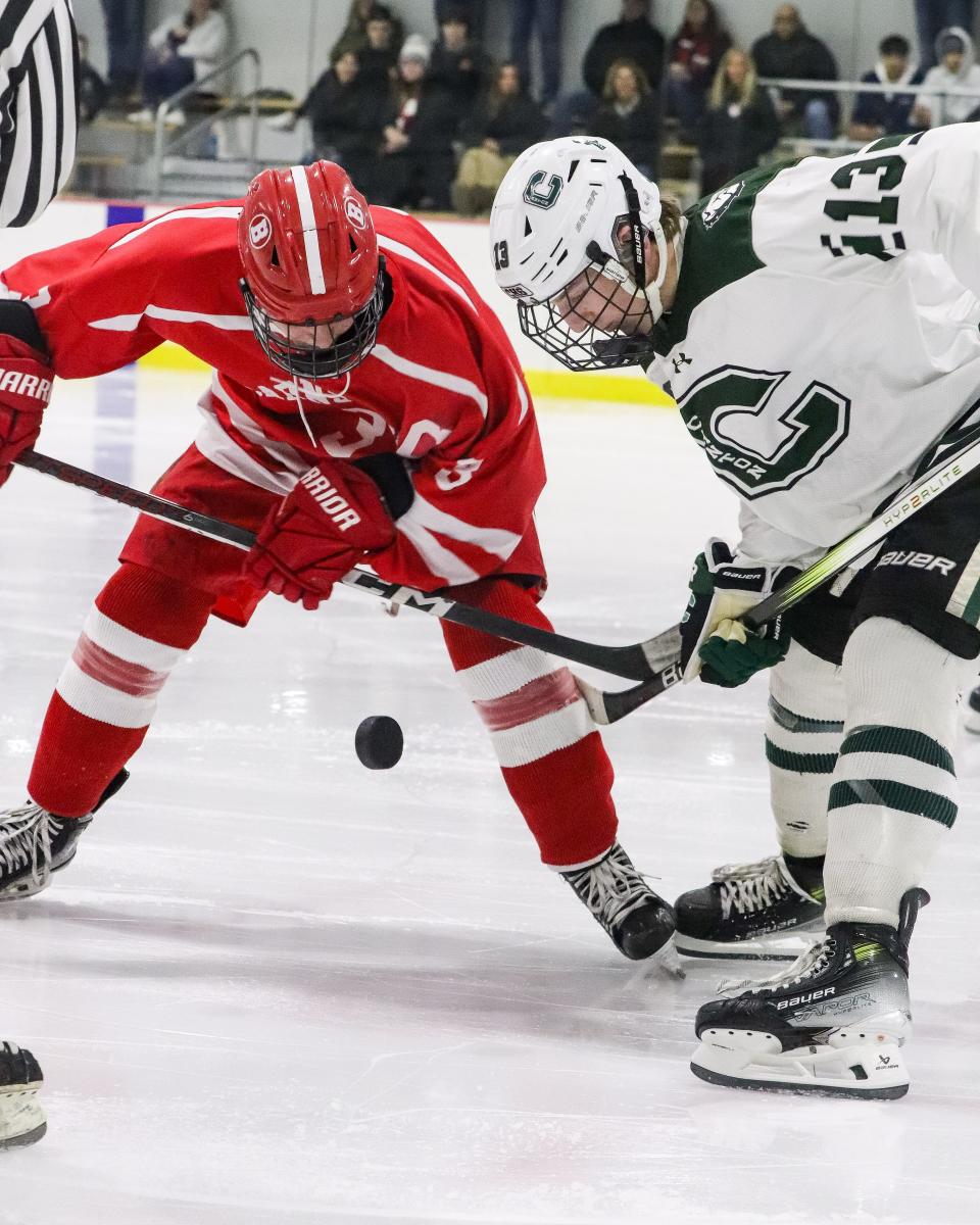 Canton's Brendan Tourgee faces off during a game against Barnstable at Canton Metropolis Rink on Saturday, Dec. 16, 2023.