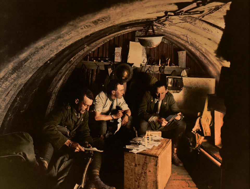 <p>An interior view of the dugout occupied by officers of the 105th Howitzer Battery, Belgium (Tom Marshall/mediadrumworld.com) </p>