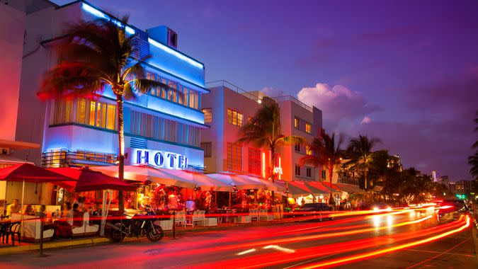 Nightlife on the art deco district of South Beach in Florida USA.