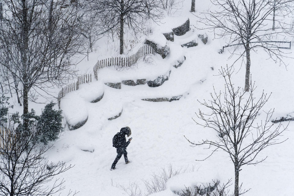 A woman walks through Brooklyn's Main Street Park, Monday, Feb. 1, 2021 in New York. A winter snowstorm walloped the Eastern U.S. on Monday. (AP Photo/Mark Lennihan)
