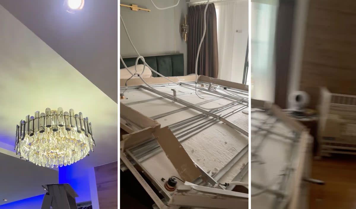 (Left) The false ceiling after it was completed. (Centre & right) The collapsed false ceiling had narrowly missed a baby's crib. (SCREENCAPS: SR Tech Engineering, WL Liu via Sg Renovation 新加坡裝修行業/Facebook)