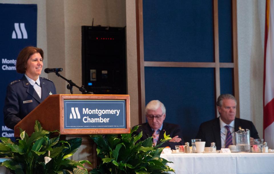 Lt. Gen. Andrea Tullos, commander and President of Air University, speaks Thursday during a Montgomery Chamber of Commerce breakfast at the RSA activity center in Montgomery.