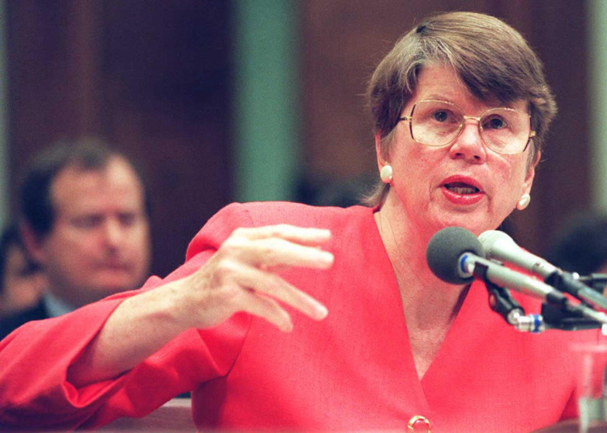 WASHINGTON, DC - AUGUST 1:  US Attorney General Janet Reno testifies to a House subcommittee on Capitol Hill in Washington about the 1993 raid on the Branch Davidian compound near Waco, Texas. Amid claims of being 
