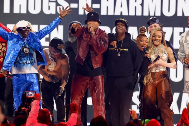 Flavor Flav, LL Cool J, Queen Latifah and Glorilla perform at THE 65TH ANNUAL GRAMMY AWARDS. - Credit: Sonja Flemming/CBS/Getty Images