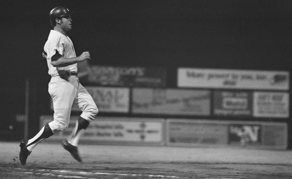 Rochester's Mike Ferraro races to first base during game two of the Triple AAA Junior World Series against Denver at Silver Stadium on Sept. 15, 1971. The Wing won the game 6-4.