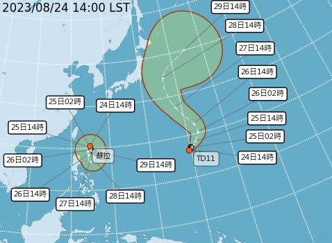 蘇拉、TD11最新預測路徑。（圖／氣象局）