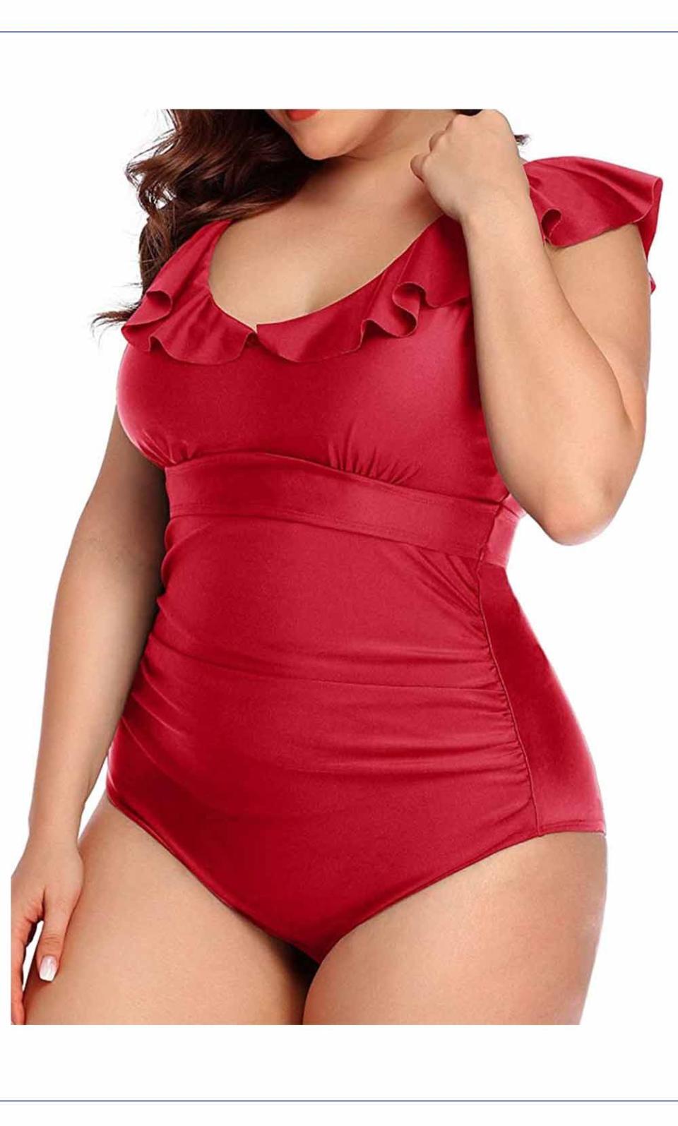 Plus-Size One-Piece Swimsuit with Ruffled V Neck