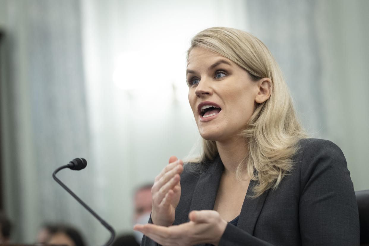 Former Facebook employee and whistleblower Frances Haugen testifies during a Senate Committee on Commerce, Science, and Transportation hearing on Capitol Hill on Tuesday, Oct. 5, 2021, in Washington. (Drew Angerer/Pool via AP)