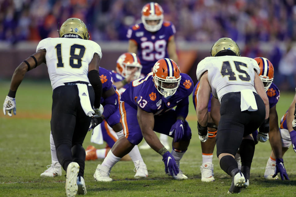 FILE - In this Nov. 2, 2019, file photo, Clemson's Tremayne Anchrum (73) sets to block while B.T. Potter (29) prepares to kick a filed goal during the second half of an NCAA college football game against Wofford, in Clemson, S.C. Anchrum was selected to The Associated Press All-Atlantic Coast Conference football team, Tuesday, Dec. 10, 2019. (AP Photo/Richard Shiro, File)