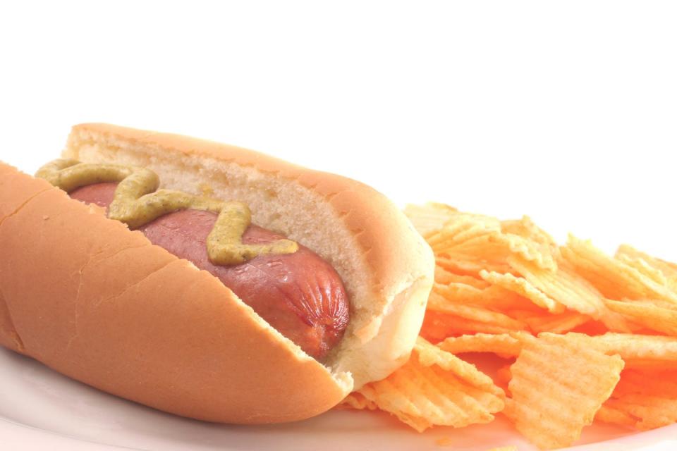 <span class="caption">A hot dog and chips do not make a healthy snack for kids, but such a snack led to the authors’ interest in studying how many calories are typically in after-sport snacks.</span> <span class="attribution"><a class="link " href="https://www.shutterstock.com/image-photo/hot-dog-potato-chips-on-white-8721154" rel="nofollow noopener" target="_blank" data-ylk="slk:LM Photos/Shutterstock.com;elm:context_link;itc:0;sec:content-canvas">LM Photos/Shutterstock.com</a></span>