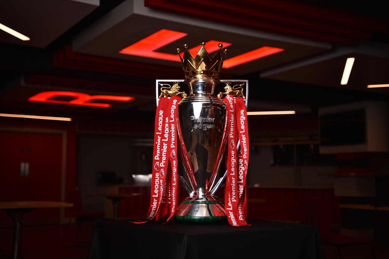 LIVERPOOL, ENGLAND - JULY 28: (THE SUN OUT, THE SUN ON SUNDAY OUT) Liverpool current Premier League trophy at Anfield on July 28, 2020 in Liverpool, England. (Photo by Andrew Powell/Liverpool FC via Getty Images)