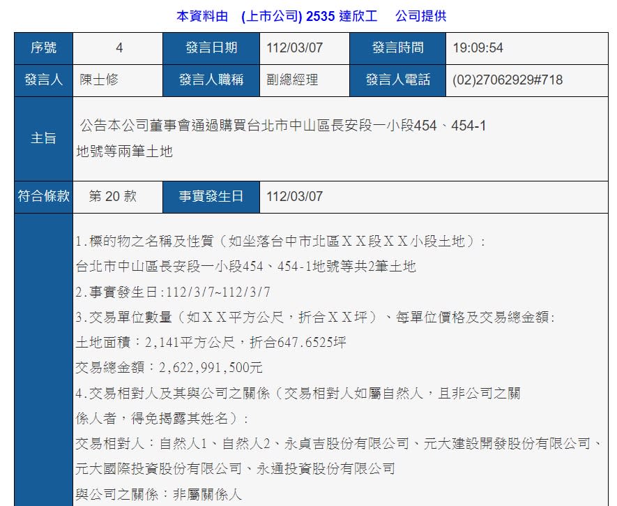 達欣工程3月時已公告取得該土地，實價登錄網站則於近日才揭露部分交易數據。（圖／翻攝公開資訊觀測站）