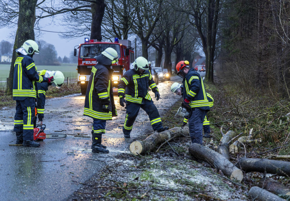 Firefighters clear a street after a tree falling on the road near Dragun, Germany, Thursday, Feb. 17, 2022. Storm ‘Ylenia’ swept across Germany overnight, toppling trees and causing widespread delays to rail and air traffic, with meteorologists warning that further extreme weather is on the way. (Photo: Jens Buettner/dpa via AP)