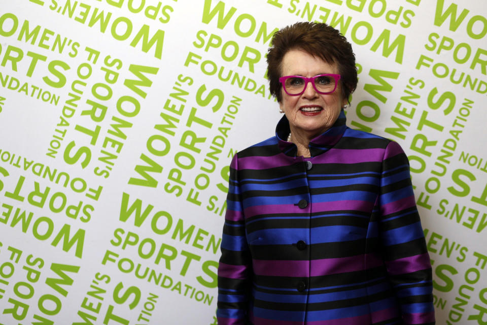 In this photo provided by the Women's Sports Foundation, tennis legend Billie Jean King poses for a photo at the 39th Annual Salute to Women in Sports Awards in New York, Wednesday, Oct. 17, 2018. (Tucker Mitchell/Women's Sports Foundation via AP)