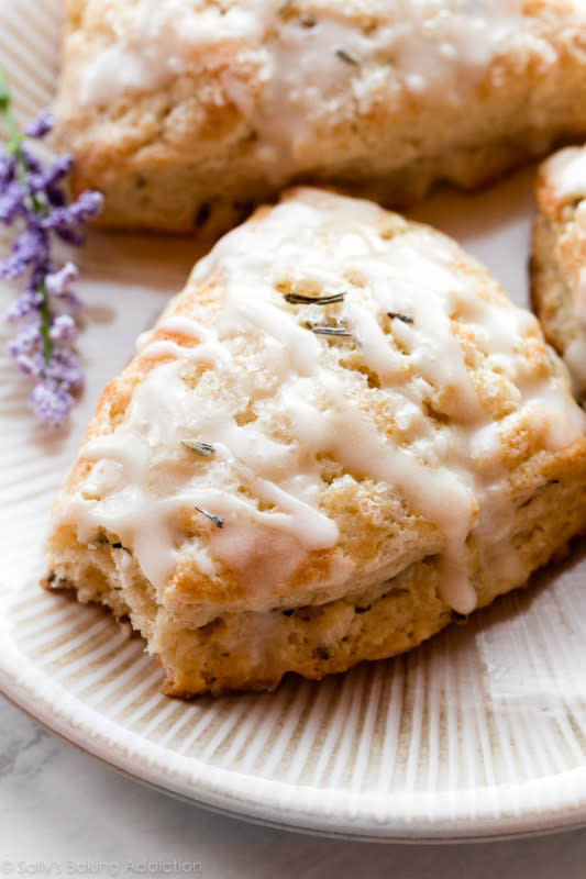 <p>Sally's Baking Addiction</p><p>Bakery-style lavender scones made with dried culinary lavender, fresh lemon zest, and buttermilk. The scones are crumbly, yet moist and perfect for spring brunches and tea parties.</p><p><strong>Get the recipe: <a href="https://sallysbakingaddiction.com/lavender-scones/" rel="nofollow noopener" target="_blank" data-ylk="slk:Lavender Scones;elm:context_link;itc:0;sec:content-canvas" class="link "><em>Lavender Scones</em></a></strong></p>