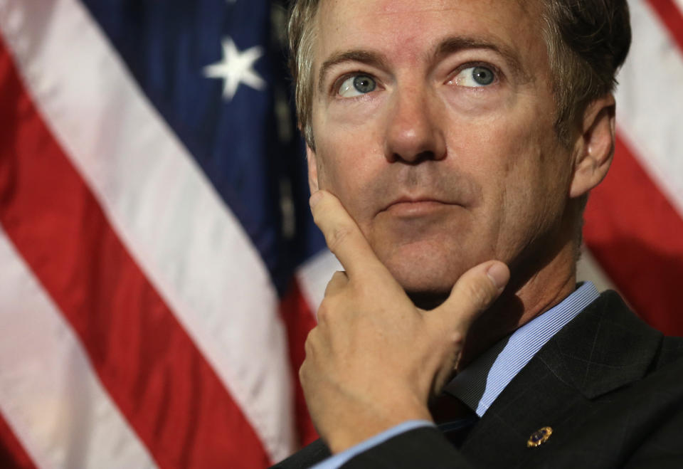 WASHINGTON, DC - NOVEMBER 06:  U.S. Sen. Rand Paul (R-KY) listens during a news conference on military sexual assault November 6, 2013 on Capitol Hill in Washington, DC. A bipartisan group of senators are pushing to create an independent military justice system with the 2014 National Defense Authorization Act (NDAA).  (Photo by Alex Wong/Getty Images)