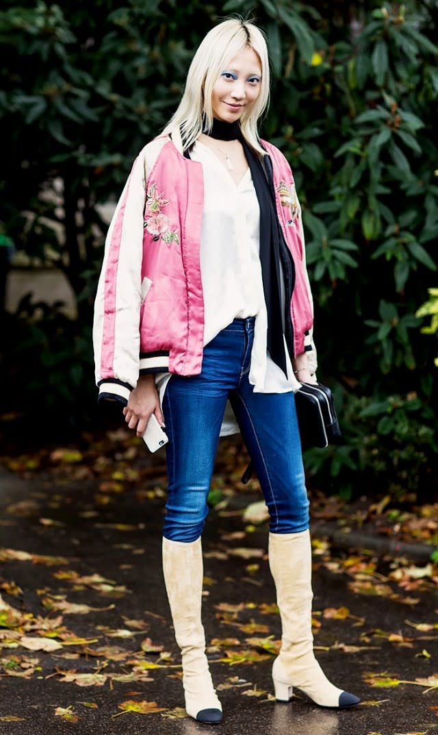 Add knee-high boots with a sporty jacket for after-hours hangouts.