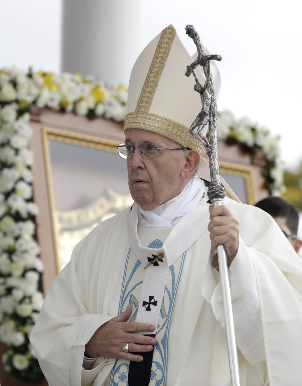 Pope Francis arrives to celebrate a Holy Mass at the Shrine of the Mother of God, in Aglona, Latvia, Monday, Sept. 24, 2018. Francis is visiting Lithuania, Latvia and Estonia to mark their 100th anniversaries of independence and to encourage the faith in the Baltics, which saw five decades of Soviet-imposed religious repression and state-sponsored atheism. (AP Photo/Andrew Medichini)
