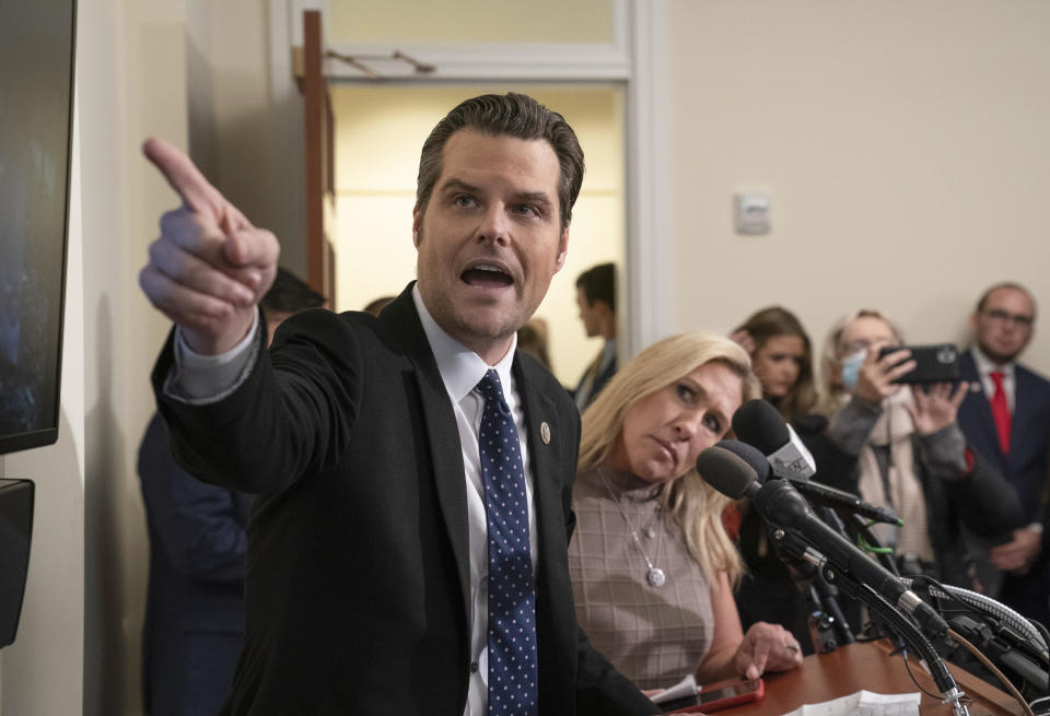 One year after the violent insurrection at the Capitol, Rep. Matt Gaetz, R-Fla., left, and Rep. Marjorie Taylor Greene, R-Ga., on January 6, 2022. / Credit: J. Scott Applewhite / AP