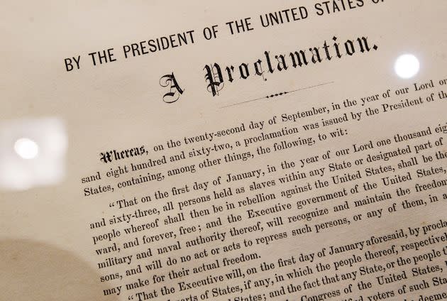 A detail of the Emancipation Proclamation owned by American statesman and politician Robert Kennedy is seen at Sotheby's auction house Dec. 3, 2010, in New York City. The document, one of only 25 copies in existence of Abraham Lincoln's historic edict that freed enslaved people in America, is estimated to be worth more than $1 million.