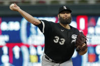 Chicago White Sox starting pitcher Lance Lynn throws to the Minnesota Twins in the first inning of a baseball game Tuesday, Sept. 27, 2022, in Minneapolis. (AP Photo/Bruce Kluckhohn)