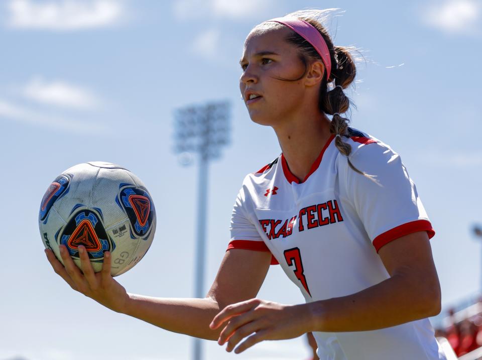 Texas Tech’s Macy Schultz (3) throws the ball in during the team’s NCAA soccer match against Kansas State on Sunday, Sept. 26, 2021 at the John Walker Soccer Complex in Lubbock, Texas.