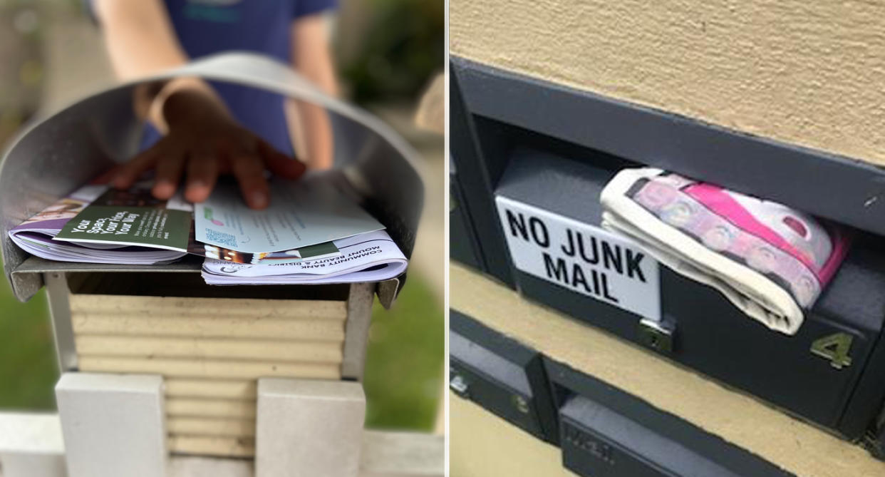 A hand places catalogues into a mailbox (left) a catalogue hangs out of a mailbox with a No Junk Mail sticker (right).