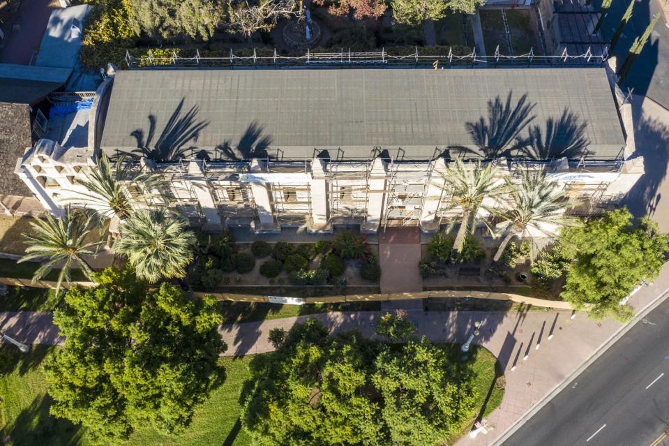 The San Gabriel Mission's temporary roof