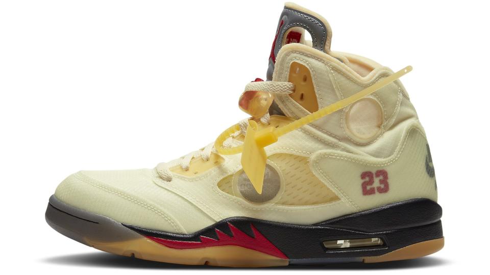 The lateral side of the Off-White x Air Jordan 5 Retro “Sail.” - Credit: Courtesy of Nike